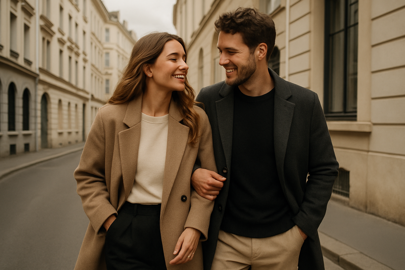 Couple walking through a quiet city street with natural candid movement