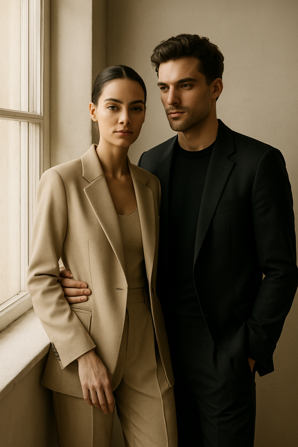 Editorial-inspired couple portrait by a window with soft directional light