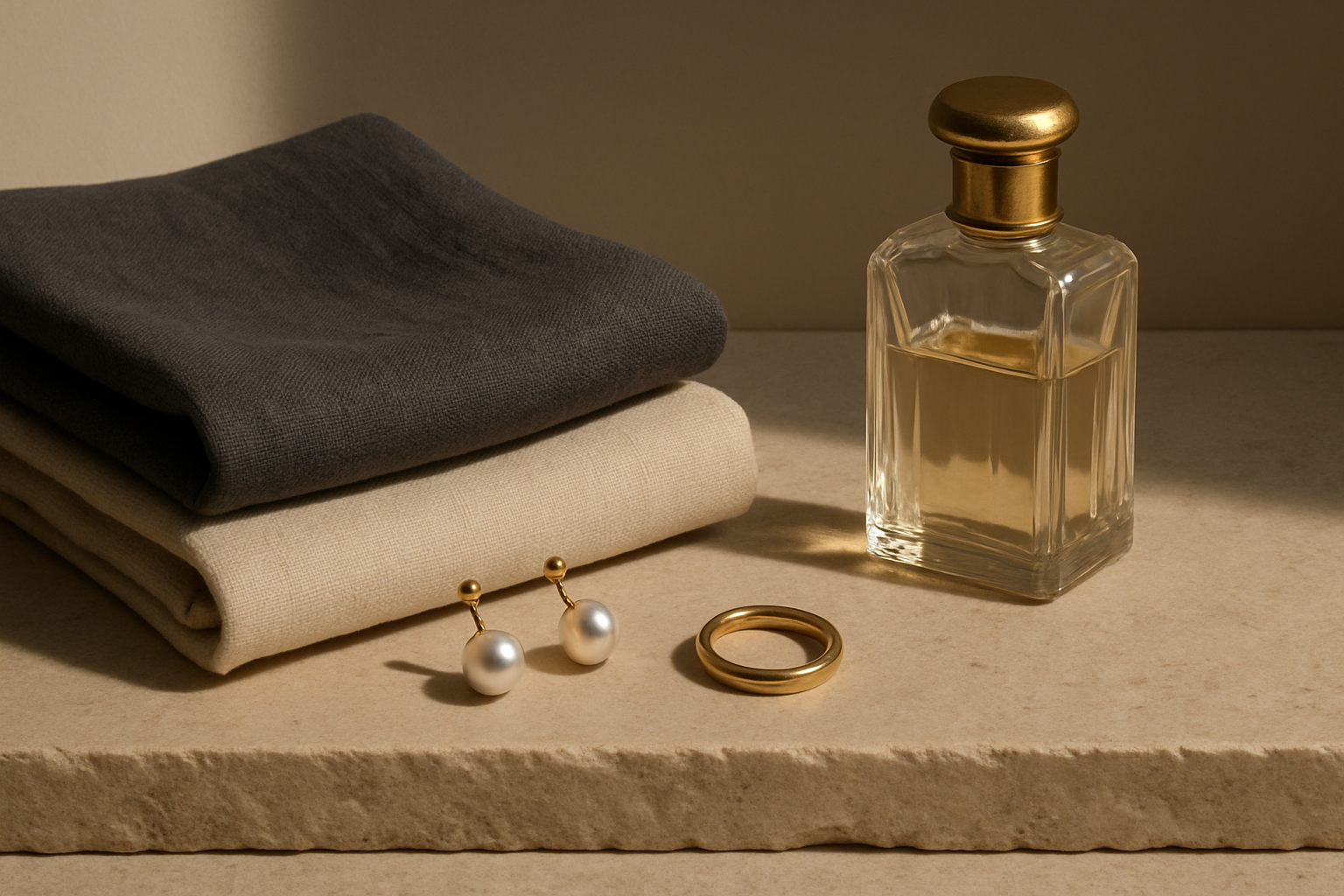 Minimal fashion still life with tailored fabric, jewelry, and clean shadow lines