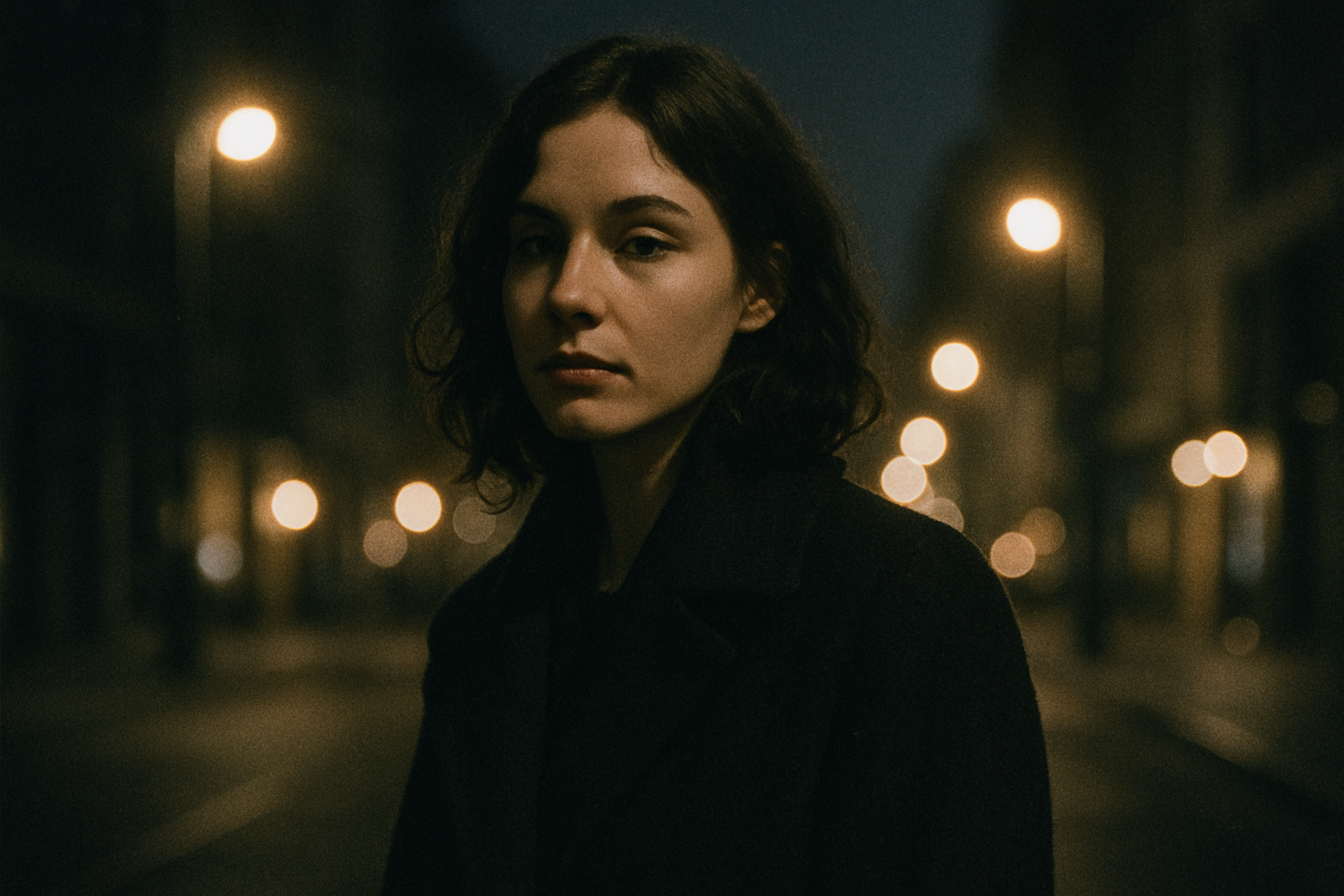 Moody evening portrait with cinematic grain and muted golden highlights