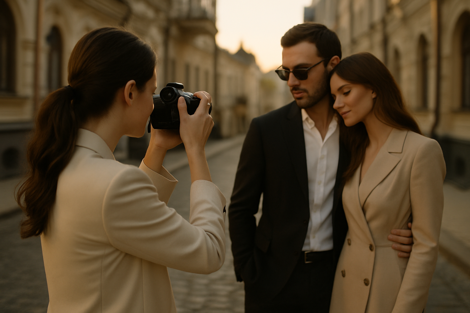 Iryna Kovalenko photographing a couple in soft natural light with an elegant editorial atmosphere