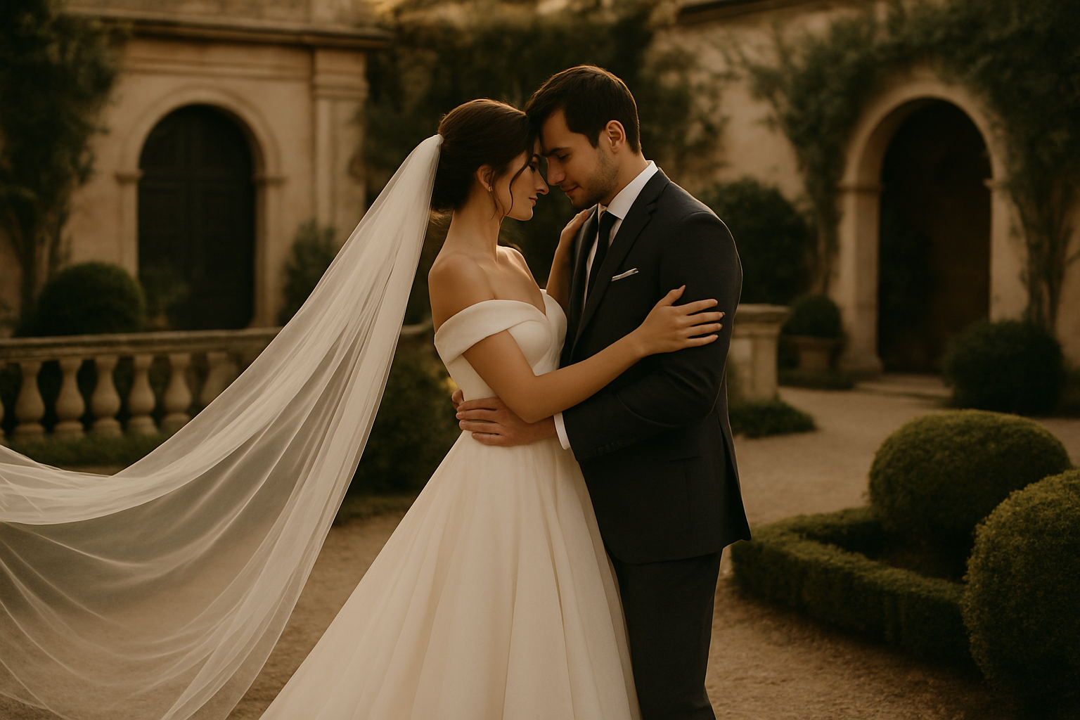Bride and groom embracing under soft afternoon light in an elegant outdoor setting