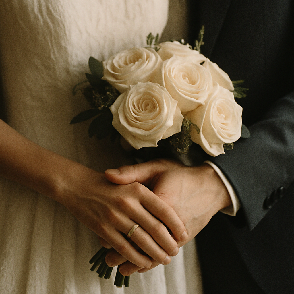 Intimate ceremony detail of hands and bouquet in warm neutral tones