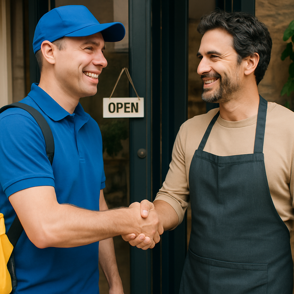 Courier interacting with a local business owner