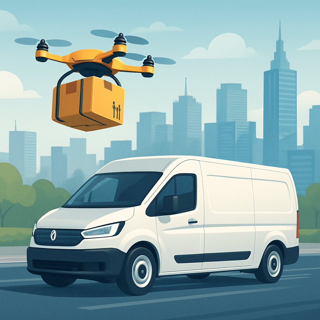 Delivery drone and electric van in motion