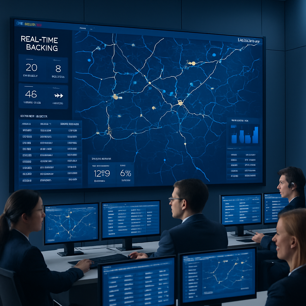 Modern logistics control center with digital screens