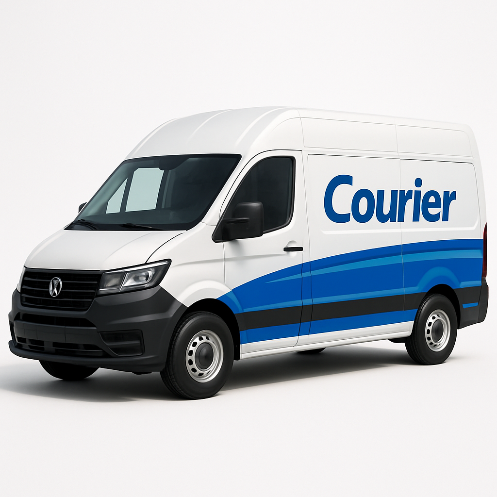 Modern courier van with the word 'Courier' on its side in blue, matching the brand style