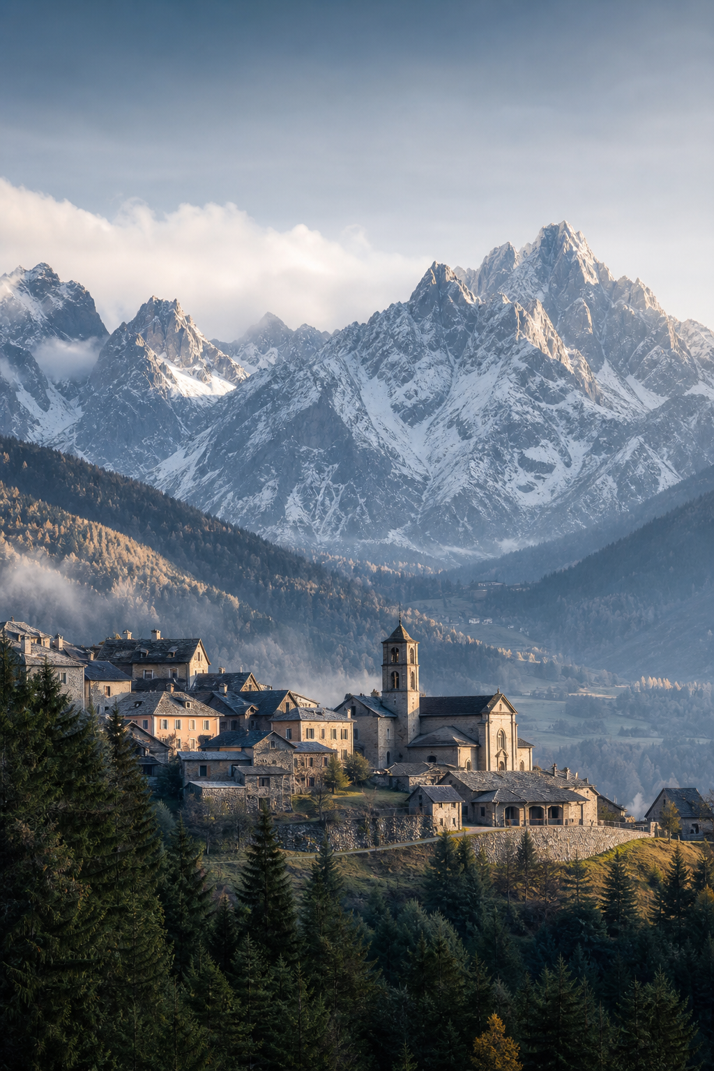 Snow-capped Alpine peaks above a quiet mountain village with pine forests