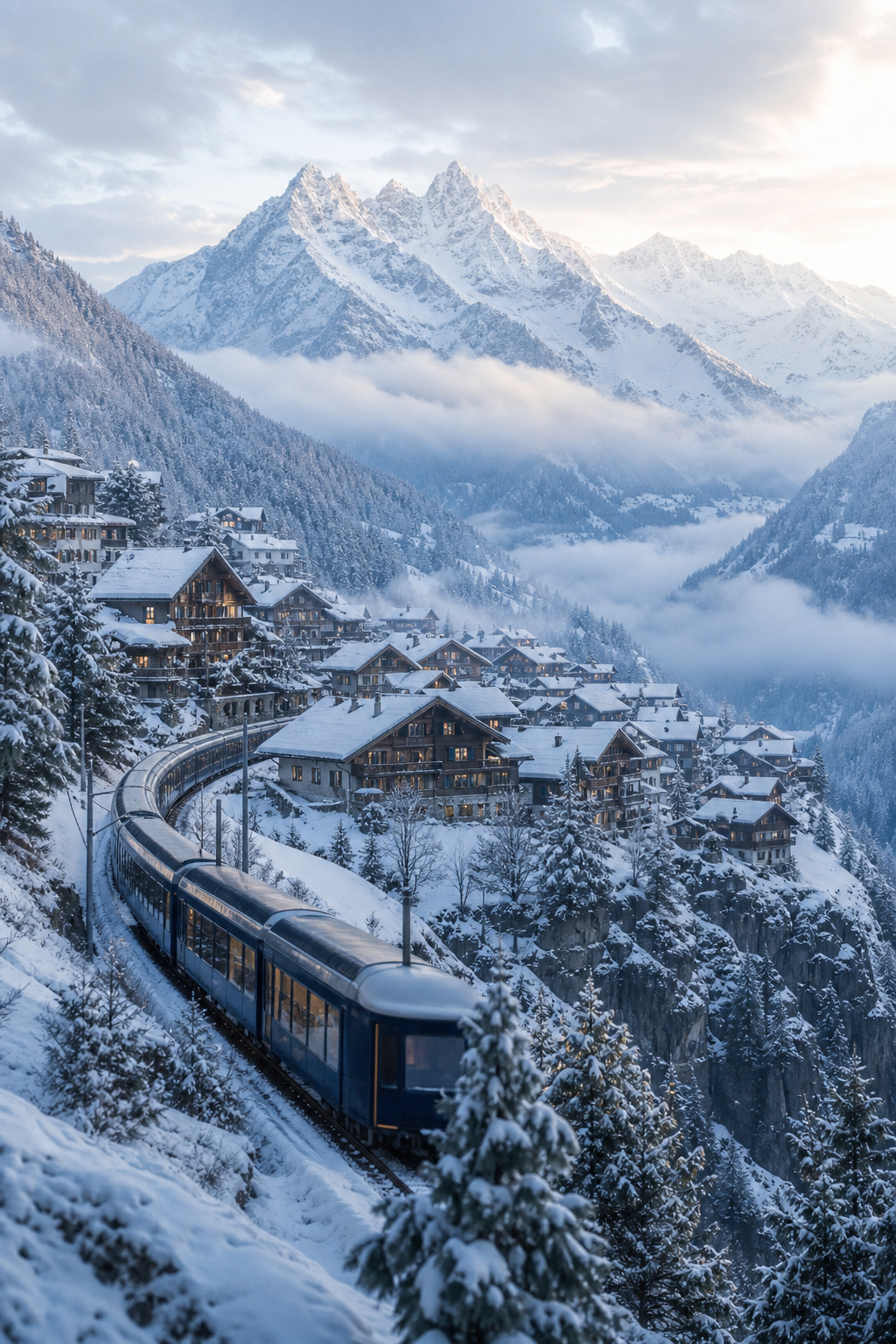 Snow-capped alpine village with wooden chalets, a panoramic mountain train, and misty peaks at dawn