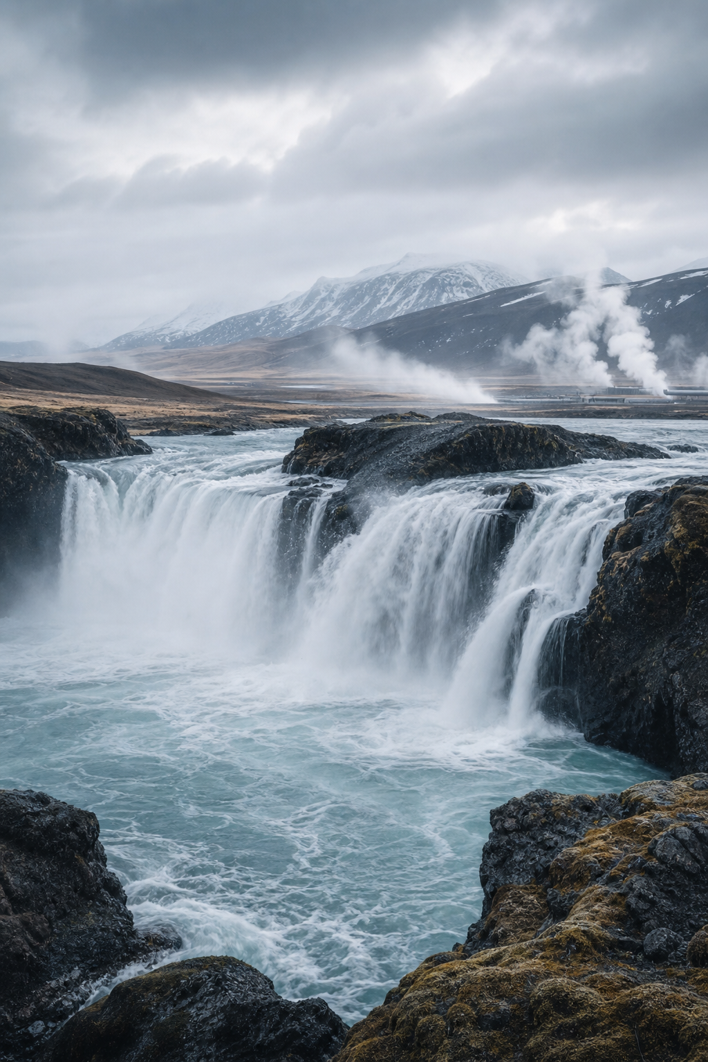 Misty waterfall cascading over dark volcanic rock in Iceland with steam rising from distant geothermal fields