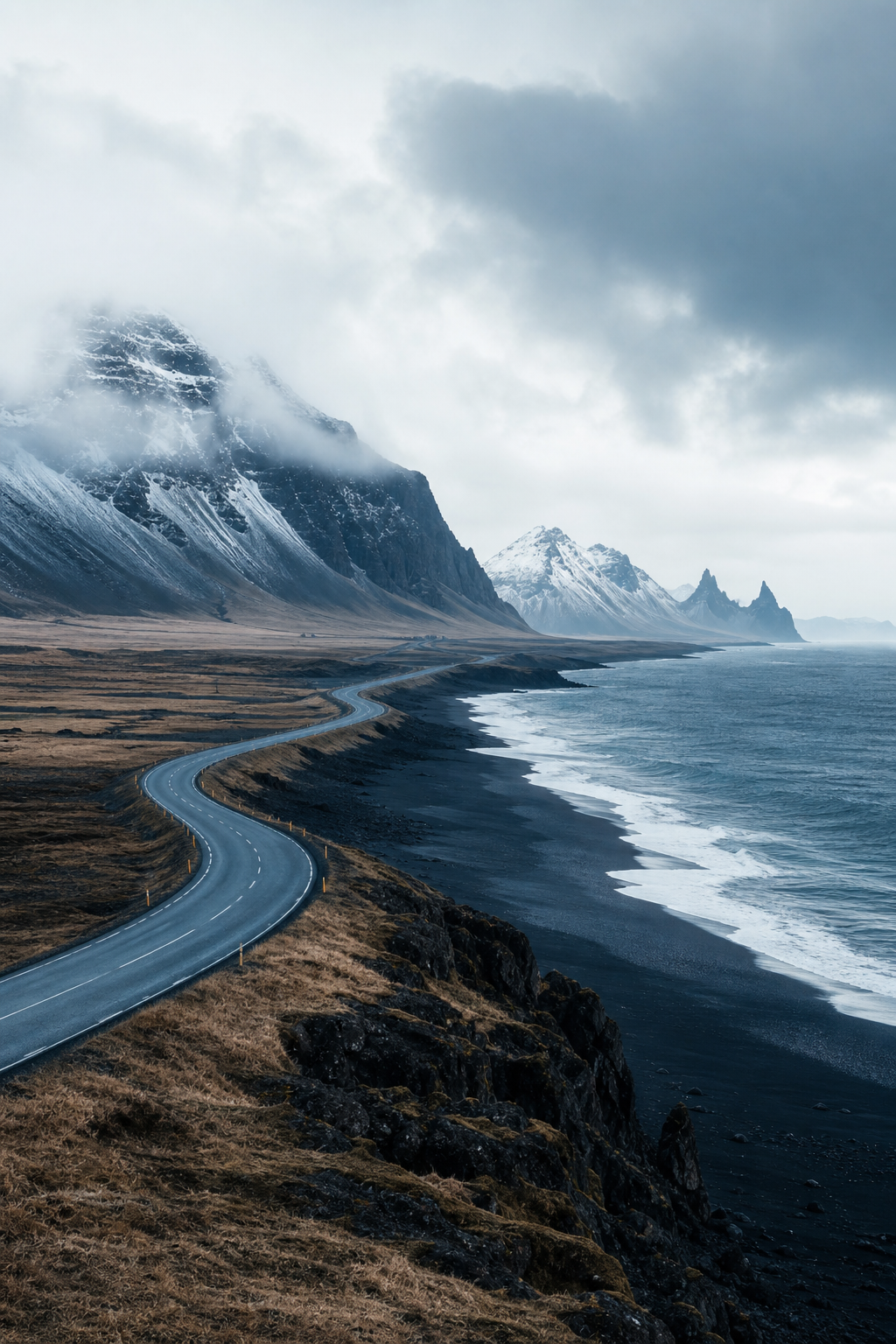 Misty black-sand coastline along Iceland's Ring Road with distant volcanic mountains