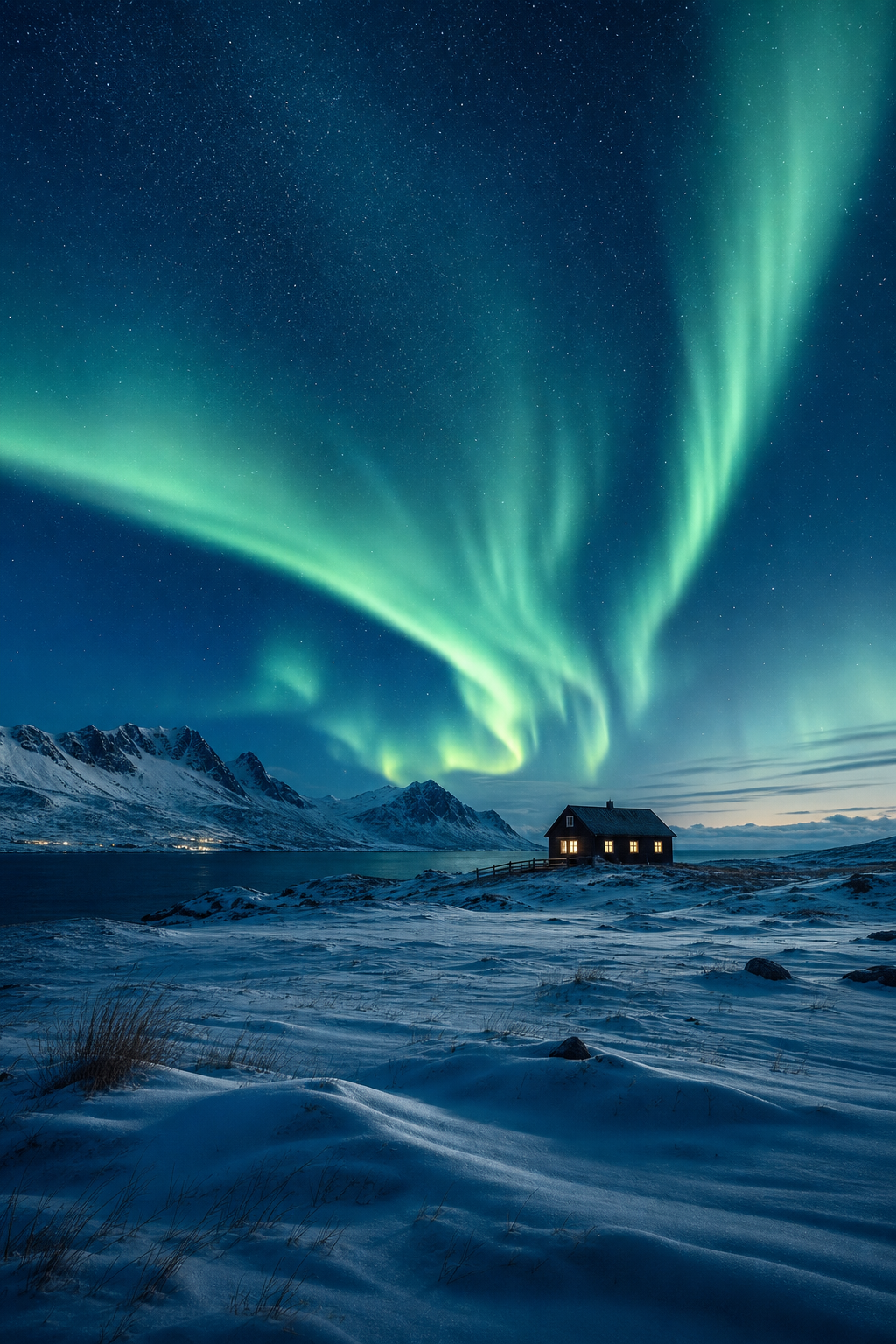 Aurora borealis in deep blue and green over a snowy Arctic landscape with a solitary cabin
