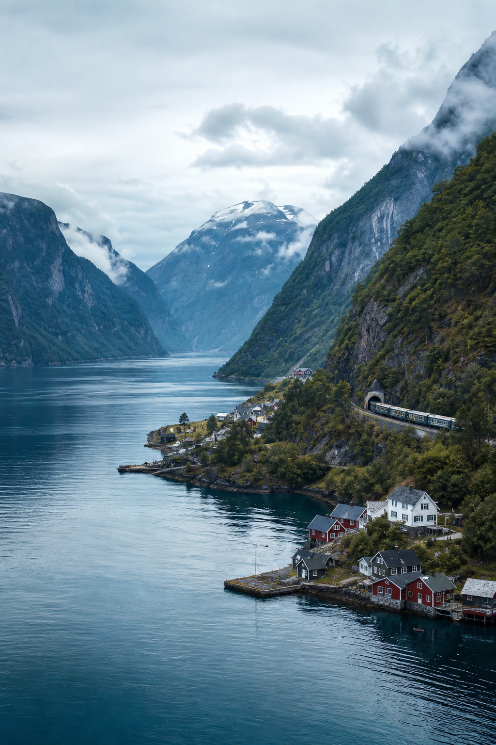 Deep blue Norwegian fjord surrounded by steep green cliffs with a quiet coastal village and scenic railway in the distance
