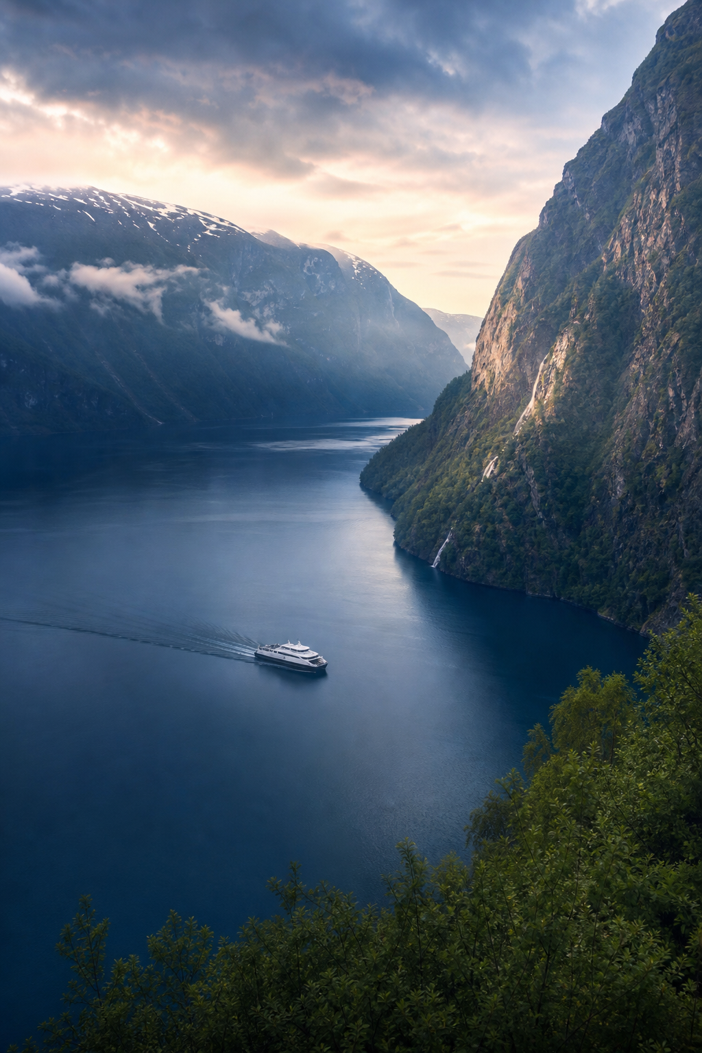 Deep blue Norwegian fjord with a small coastal ferry and steep green cliffs at dusk