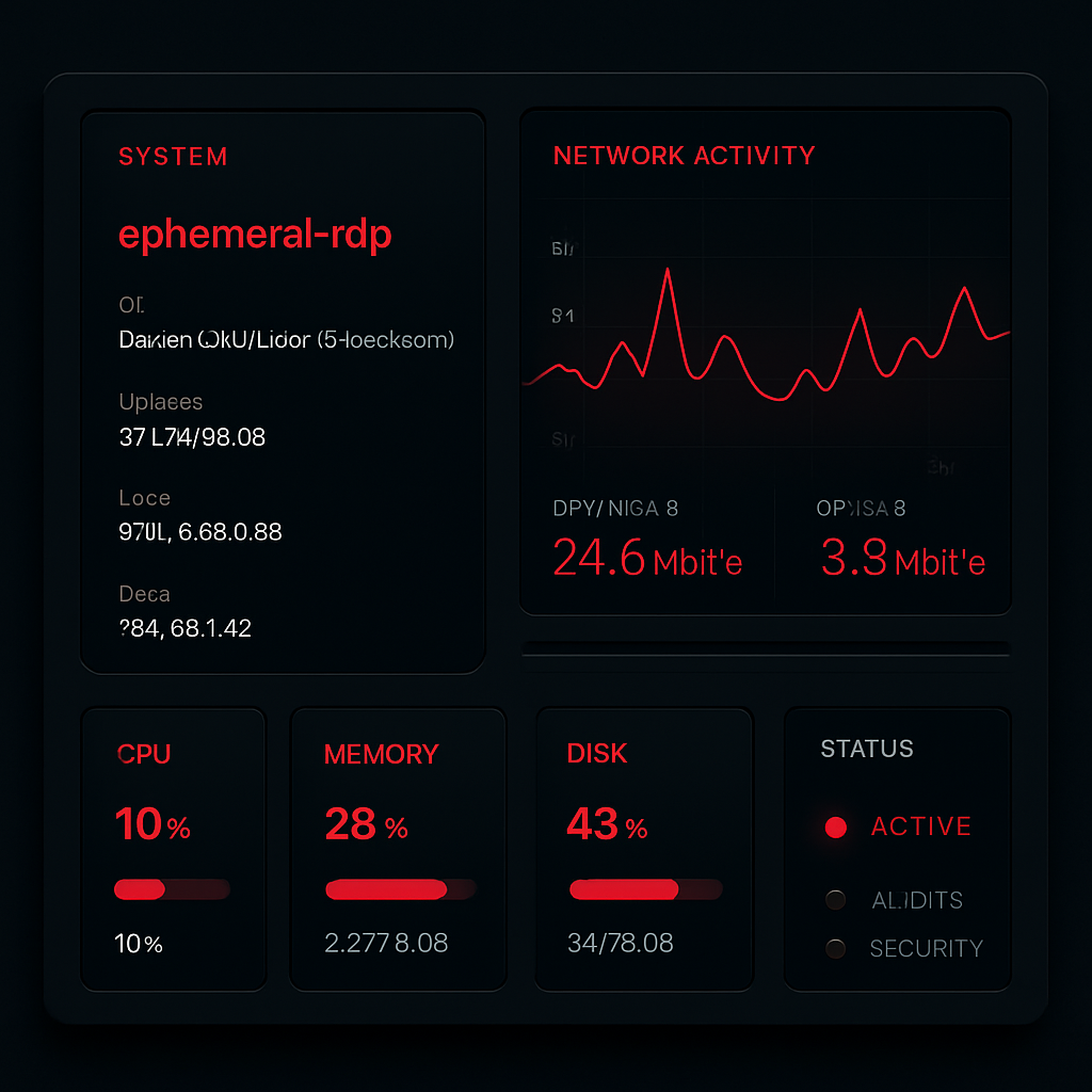 Dark themed terminal dashboard showing remote desktop stats, network activity graphs, and system metrics