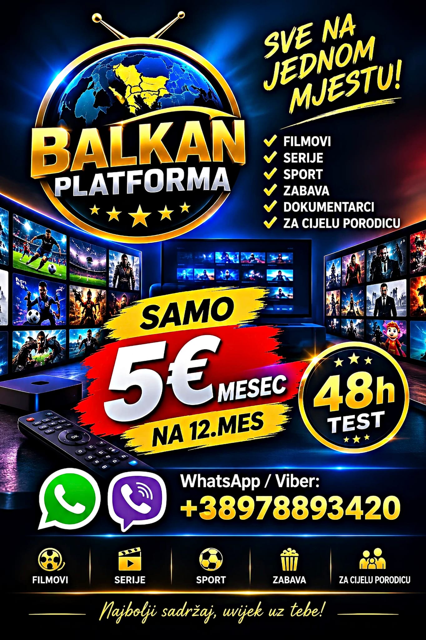 Promotivni poster Balkan World Platforma sa sportom, filmovima i ponudom testa od 48 h