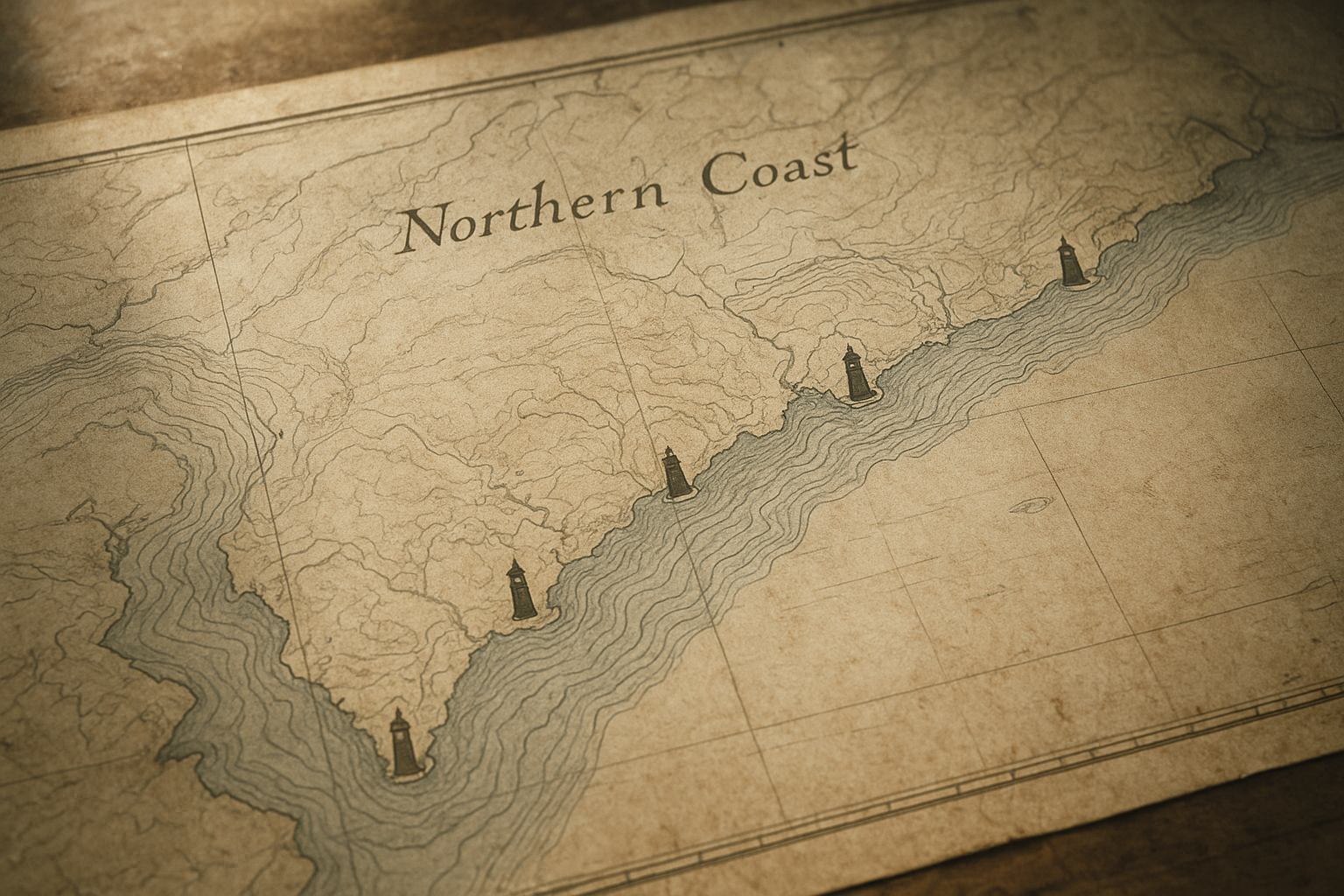 Stylized archival coastal chart of the northern shoreline with lighthouse markers, contour lines, and handwritten navigation notes
