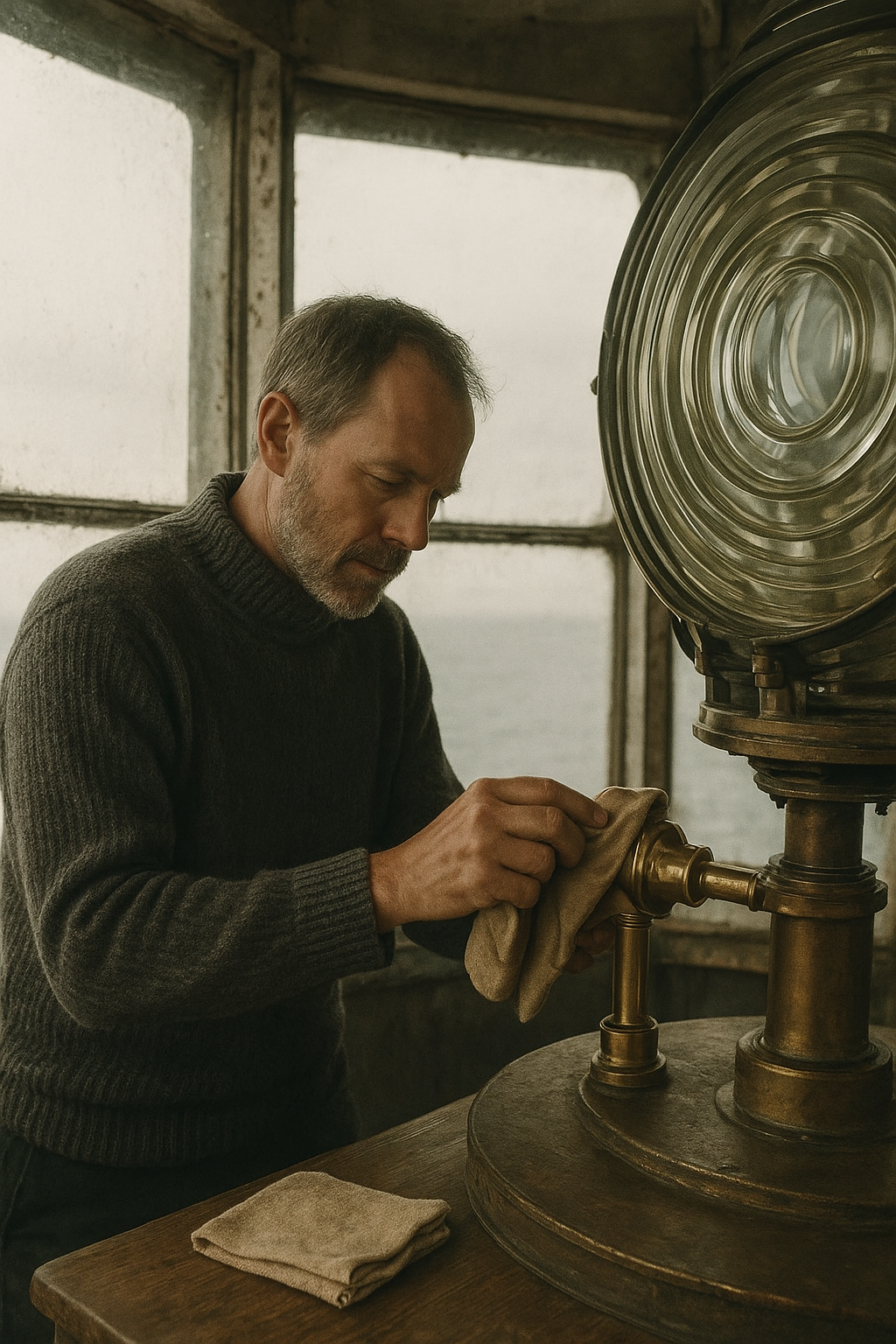 Archival-style photograph of a lighthouse keeper polishing brass fittings beside a lantern lens