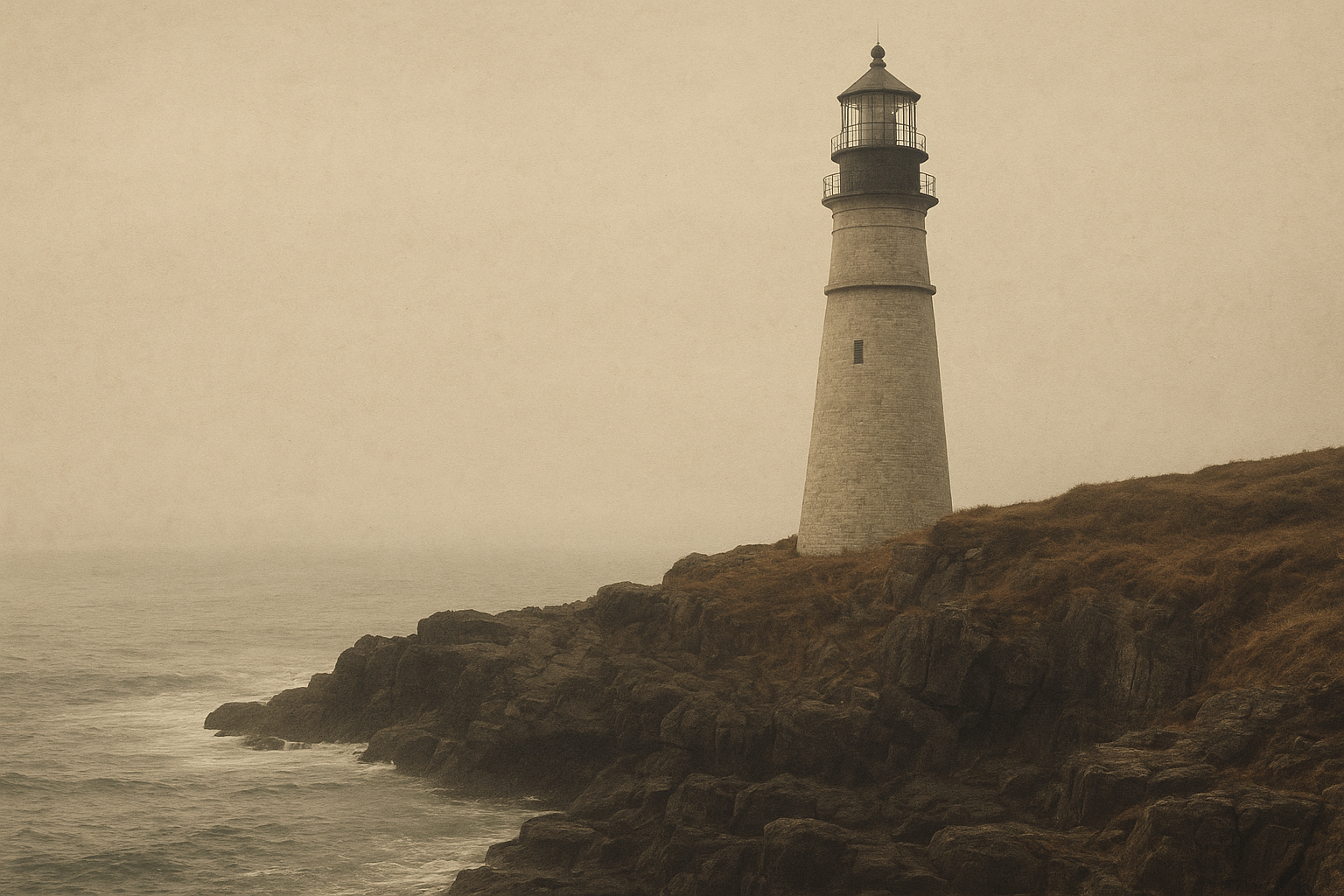 Archival photograph of a northern coast lighthouse on dark cliffs with calm sea haze and warm film grain