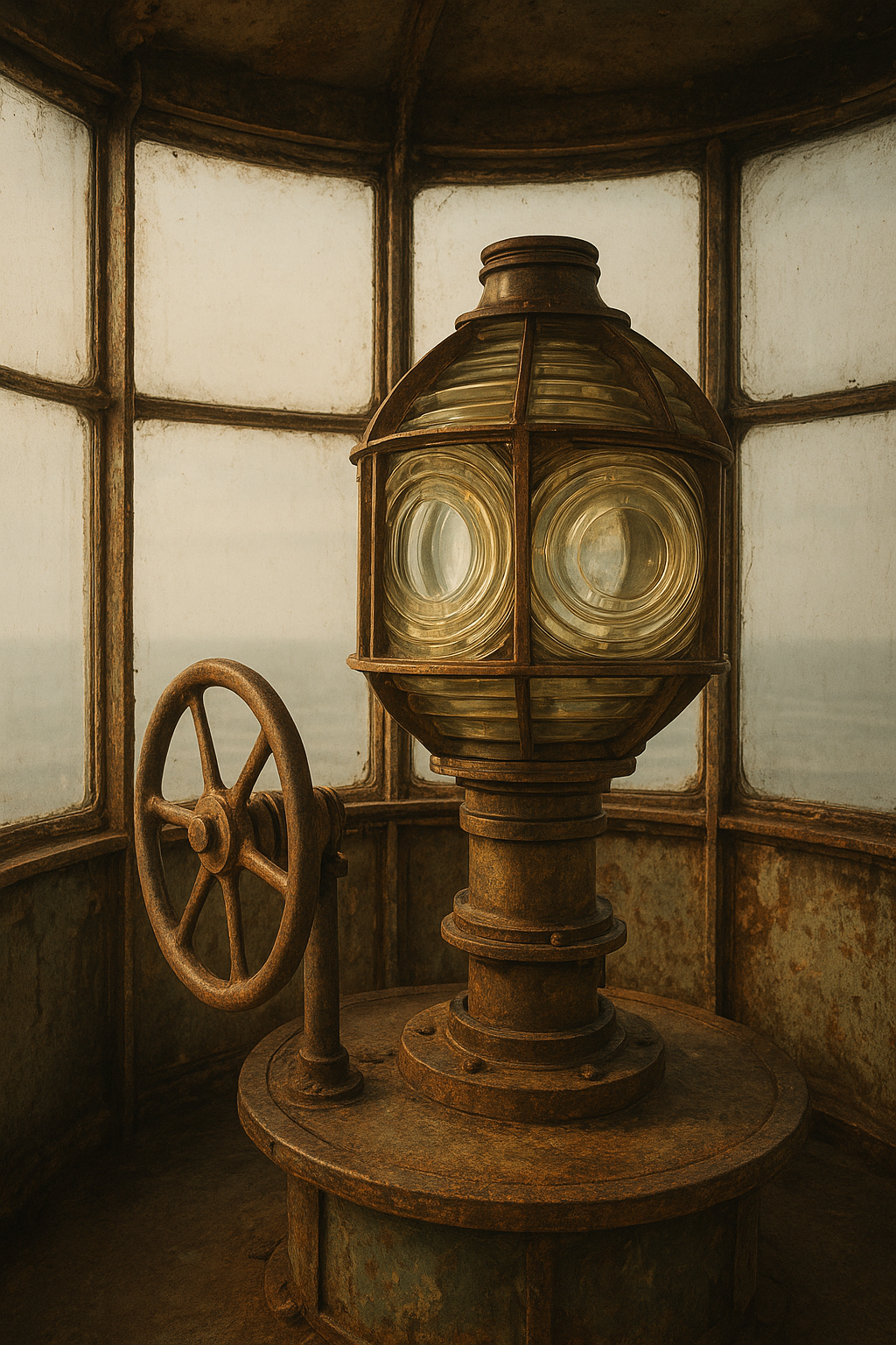 Close view inside a historic lighthouse lantern room showing weathered brass fittings, thick glass panes, and coastal light reflecting over worn surfaces