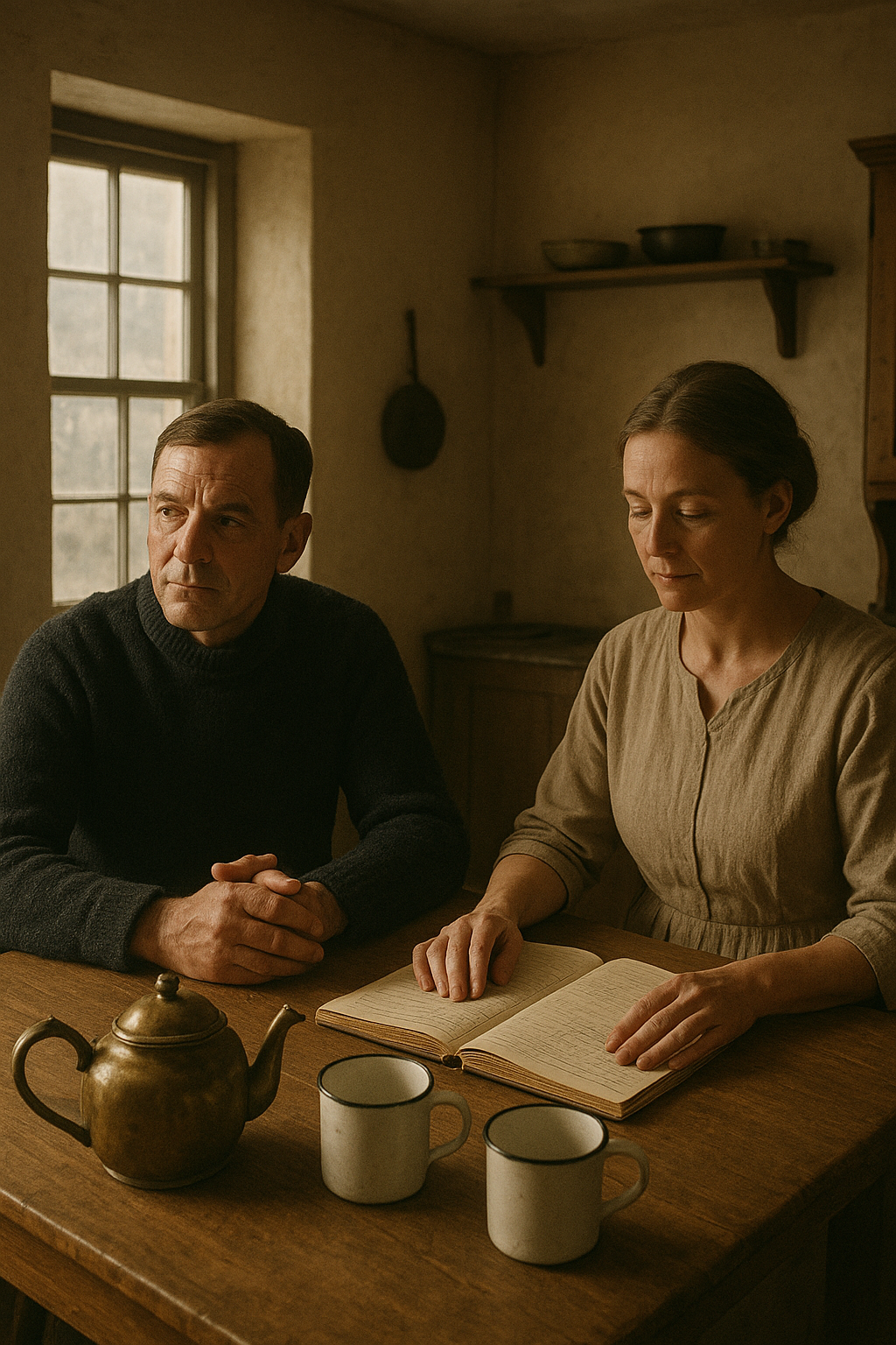 Archival-style photograph of a lighthouse keeper and family sharing tea in a modest coastal kitchen