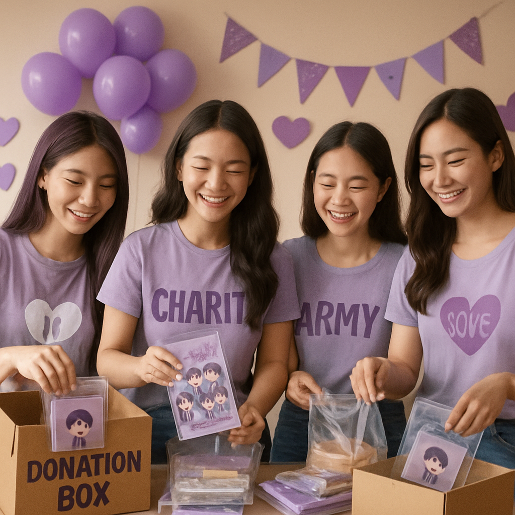 Fans smiling while packing charity kits in a purple-themed community drive