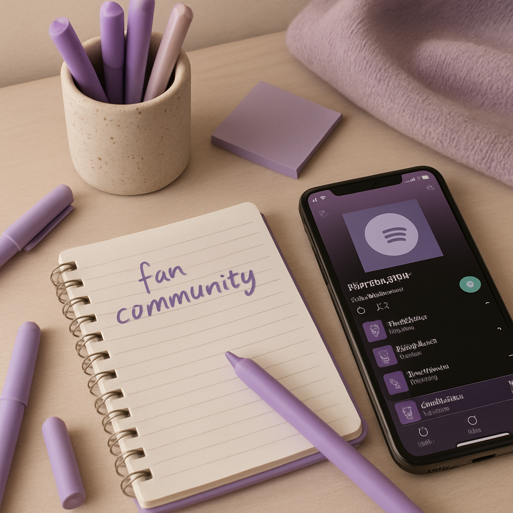 A cozy fan community desk with purple stationery and a music playlist