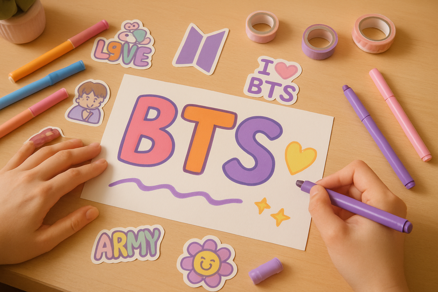 Hands crafting a colorful BTS fan banner with stickers and markers