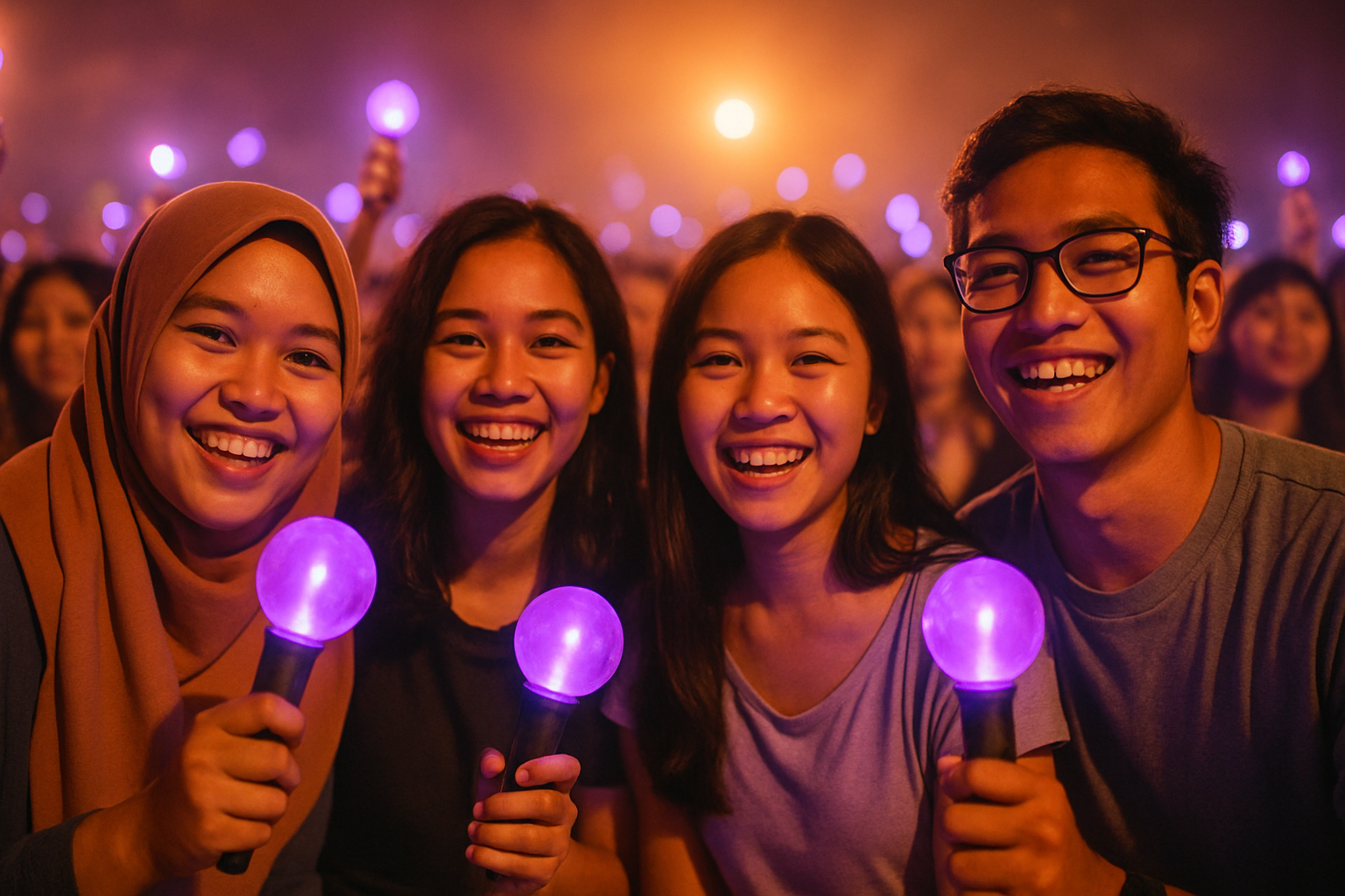 Warm concert-inspired fan gathering with purple lights