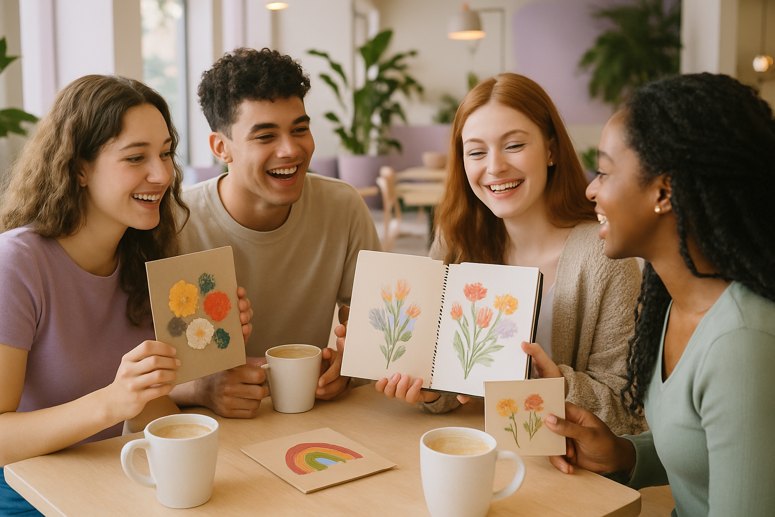 Friends sharing fan-made crafts and coffee in a bright cafe