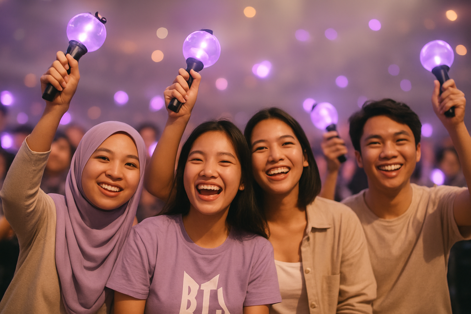 Cheerful BTS fans waving purple lightsticks at a concert