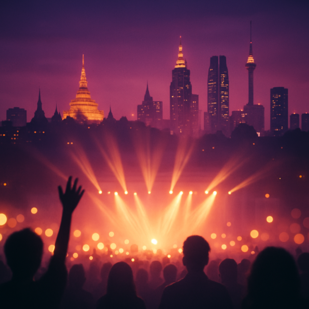 Evening city skyline with concert lights and celebratory glow