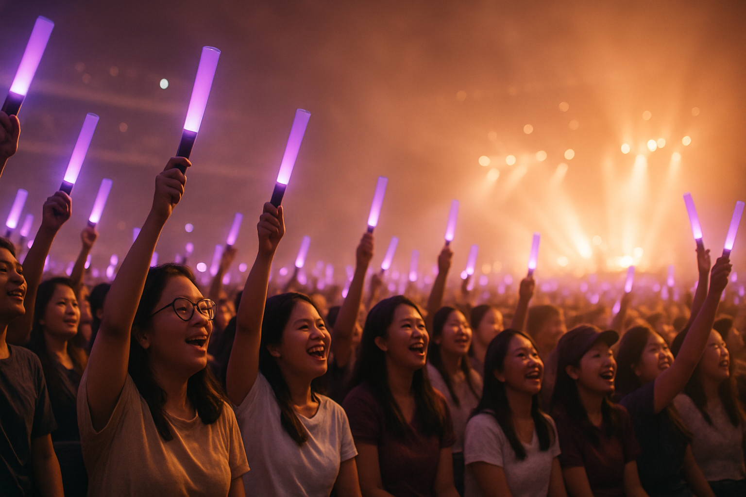 Fans at a concert waving purple light sticks