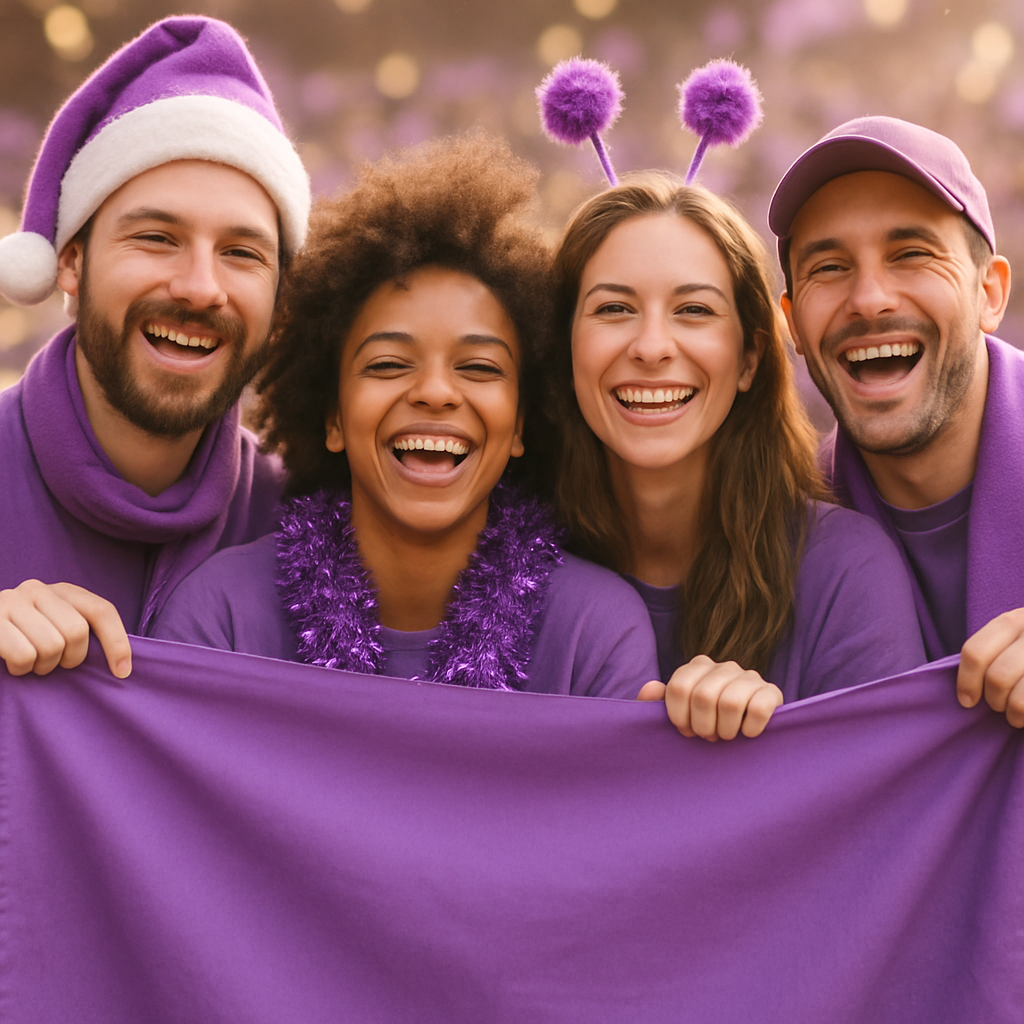 Close-up of fans holding a purple banner at a music event