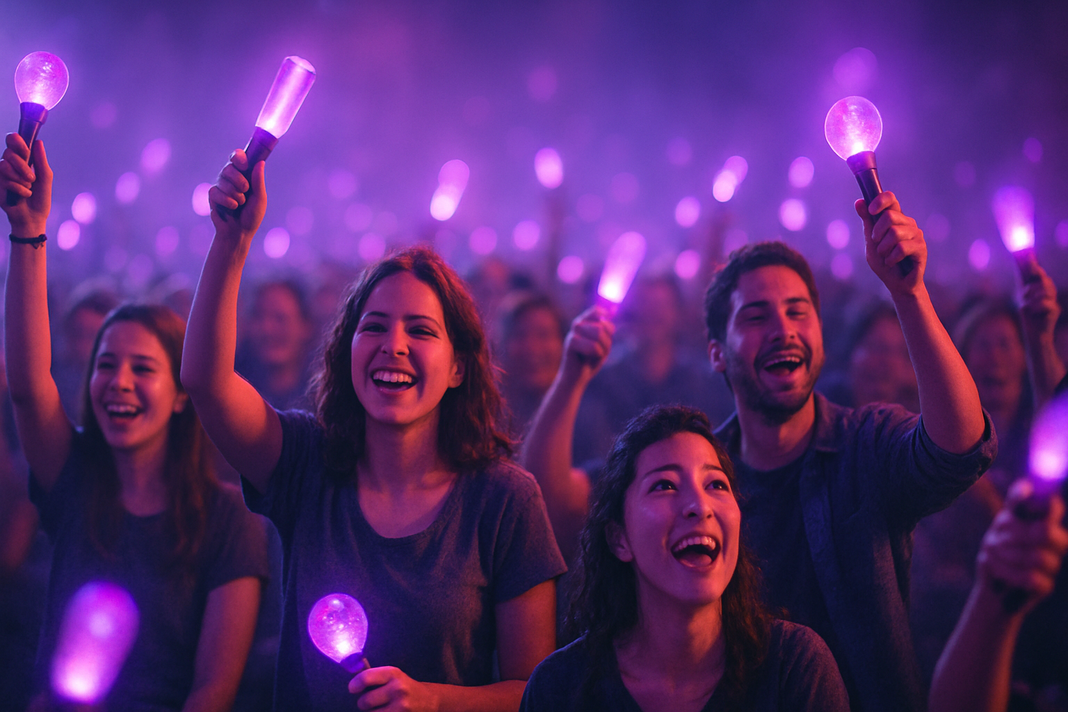 Crowd of fans holding purple lightsticks at a concert