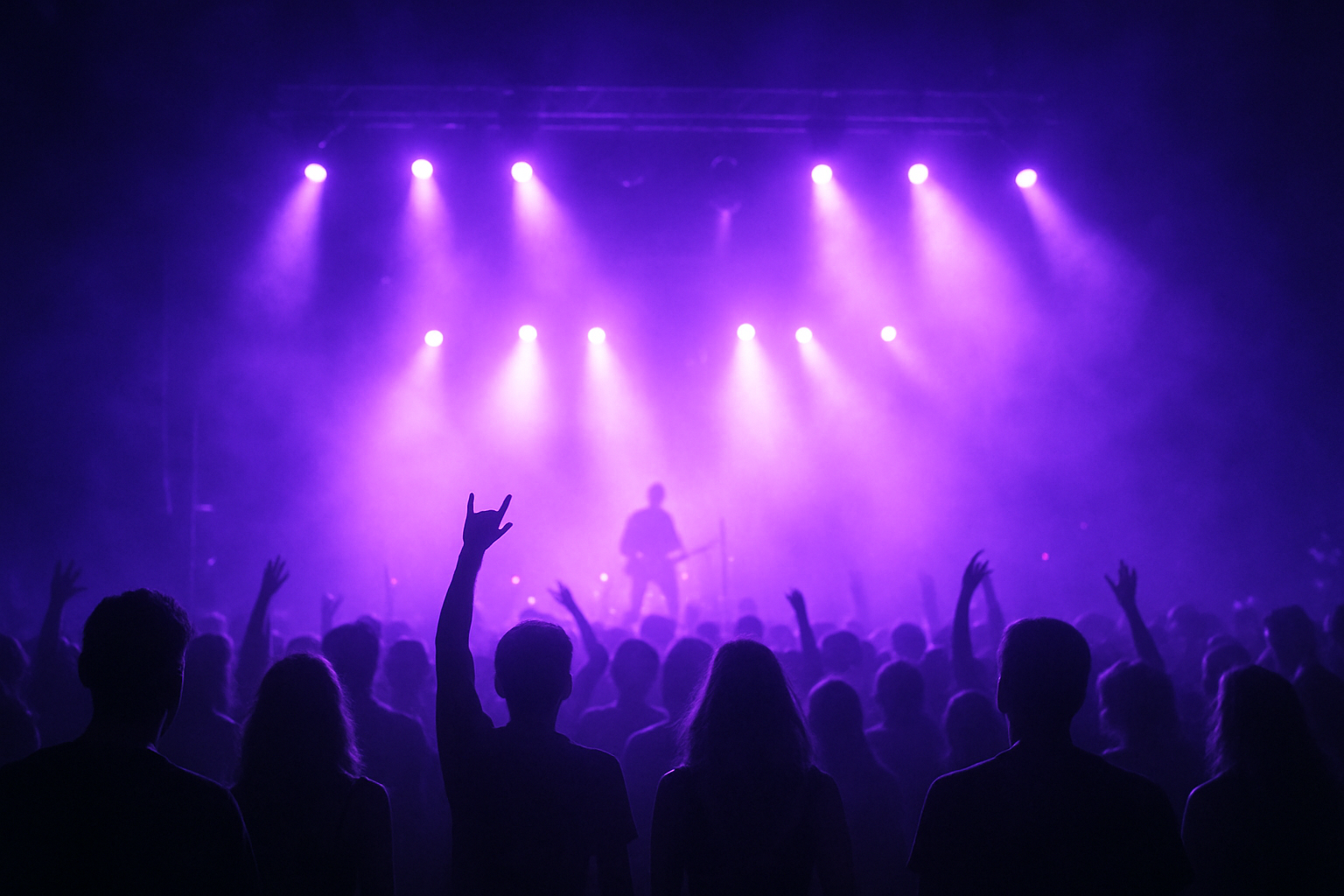 Nighttime concert scene with glowing purple stage lights and silhouettes