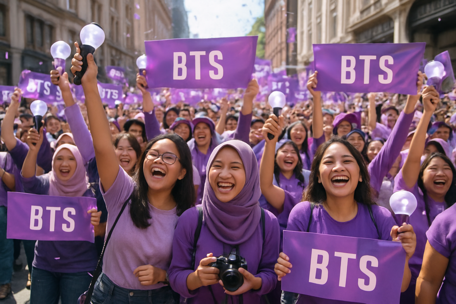 Fans waving purple banners during a regional BTS celebration parade