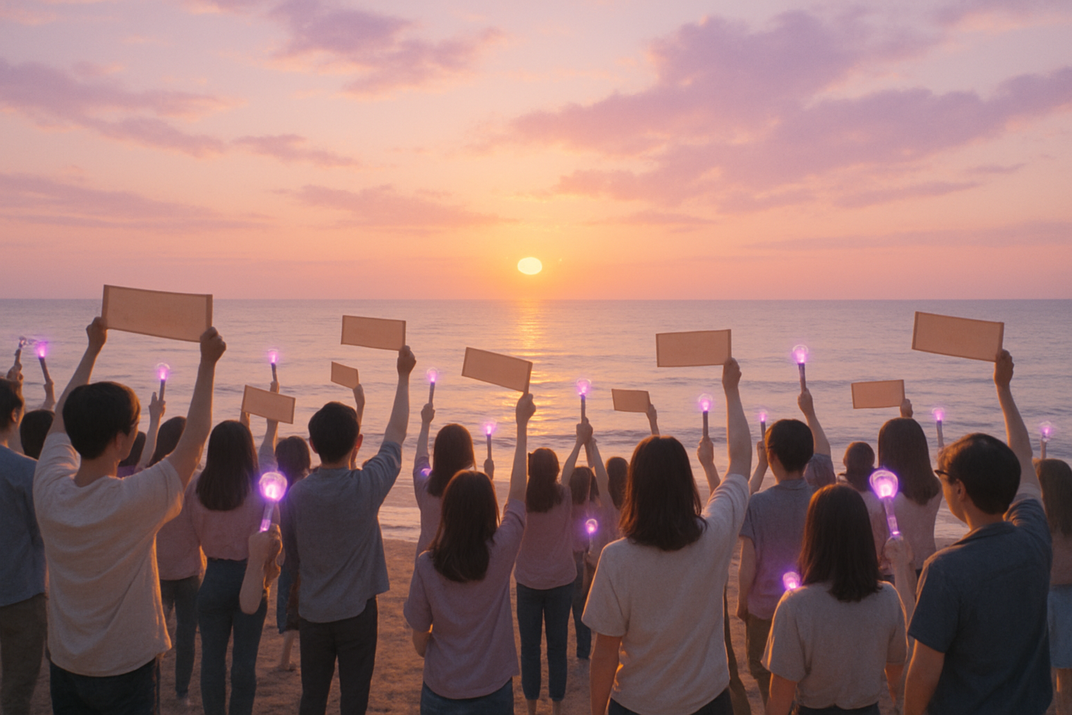 Fan community gathering by the sea at sunset with soft purple tones