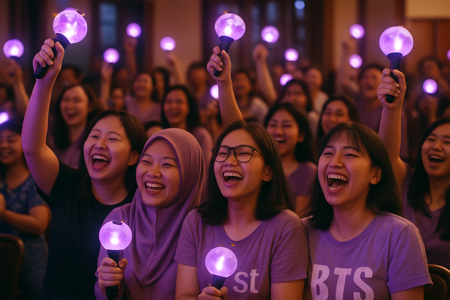 Cheering BTS fans in purple lightsticks at a community gathering