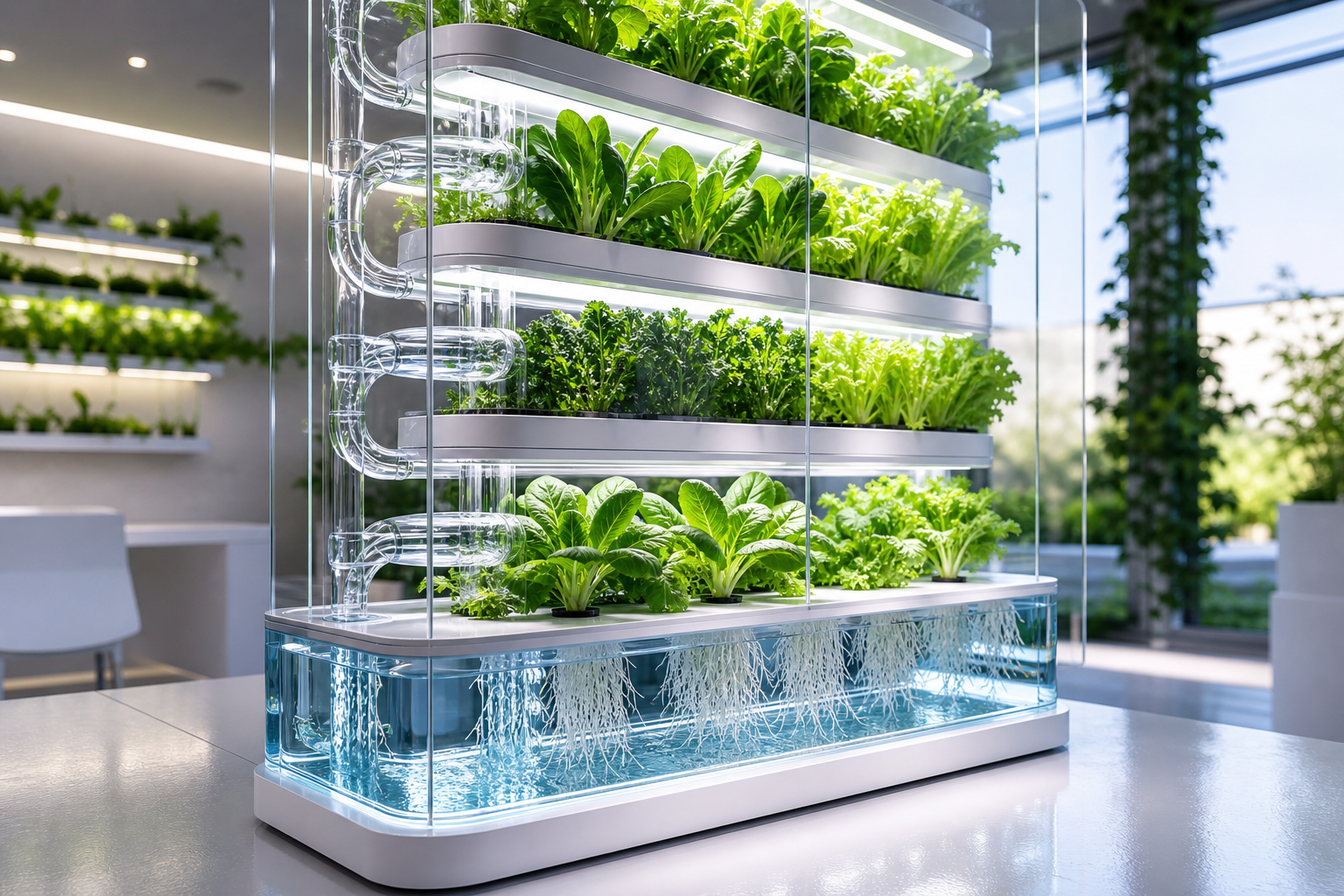 Indoor hydroponic tower system with lush leafy greens, visible roots flowing in clear water channels, and sleek glass and tube components in a bright modern space