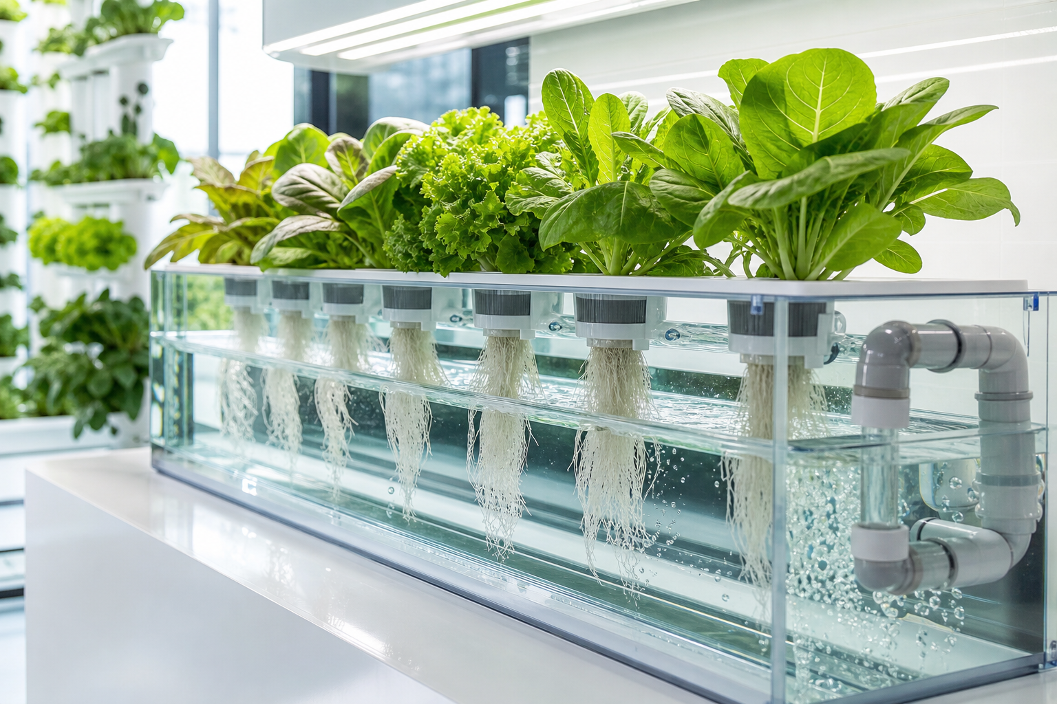 Sleek indoor hydroponic setup with lush leafy greens in a glass system, visible white roots, and clean water channels under soft daylight