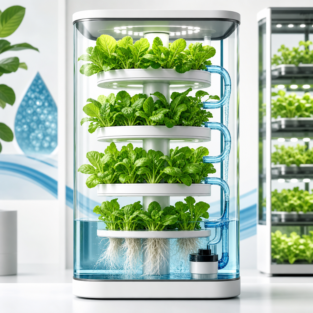 Clean modern illustration of a hydroponic system with leafy greens in a vertical tower, visible white roots in clear water, and blue nutrient flow tubes inside a glass indoor setup
