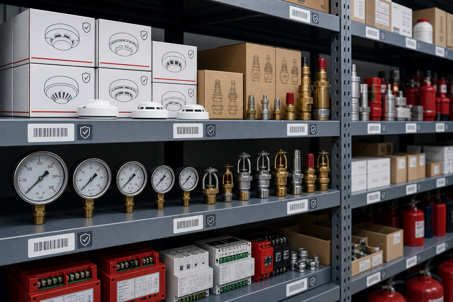 Organized fire system spare parts and certified replacement components on industrial shelving