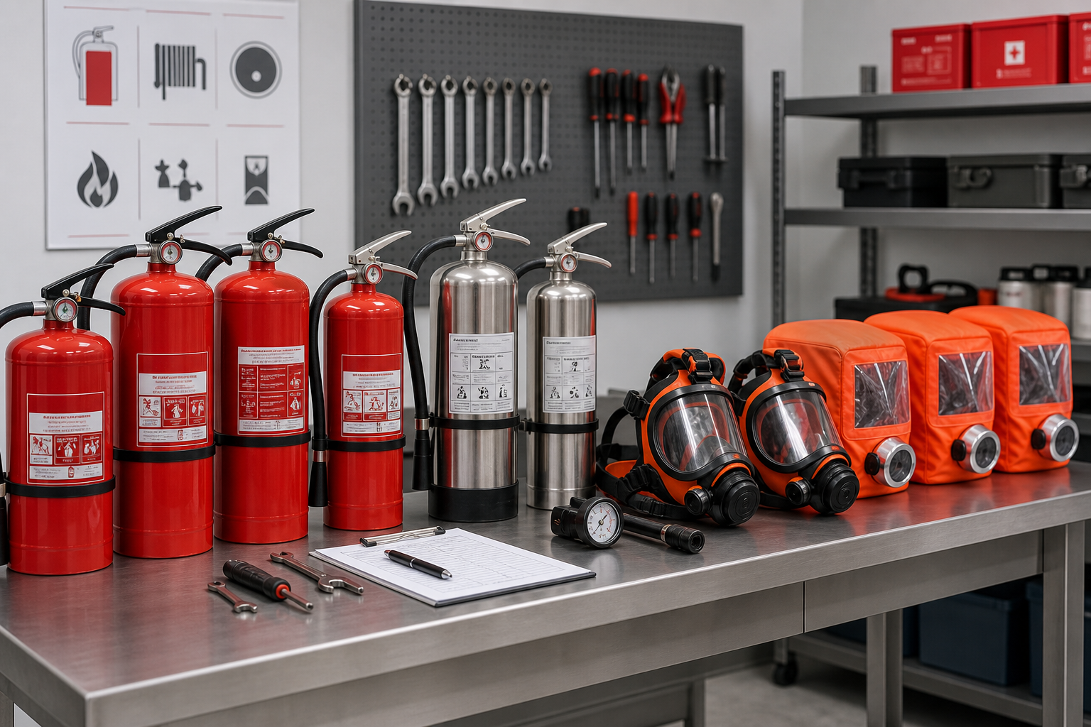 Portable fire extinguishers and breathing safety gear prepared for inspection and service