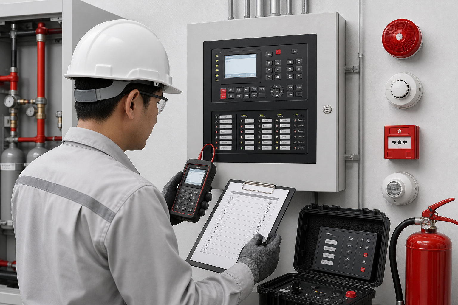 Inspector running compliance testing on a fire alarm and detection control unit