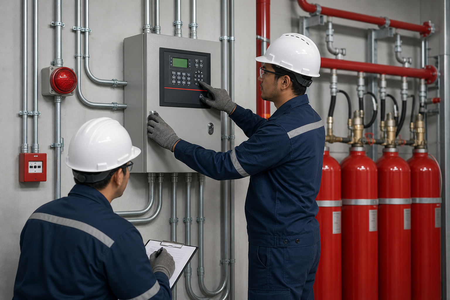 Fire safety engineers commissioning a suppression control panel in an industrial plant