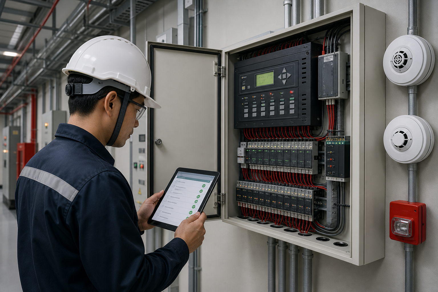 Technician performing scheduled preventive maintenance on fire detection equipment