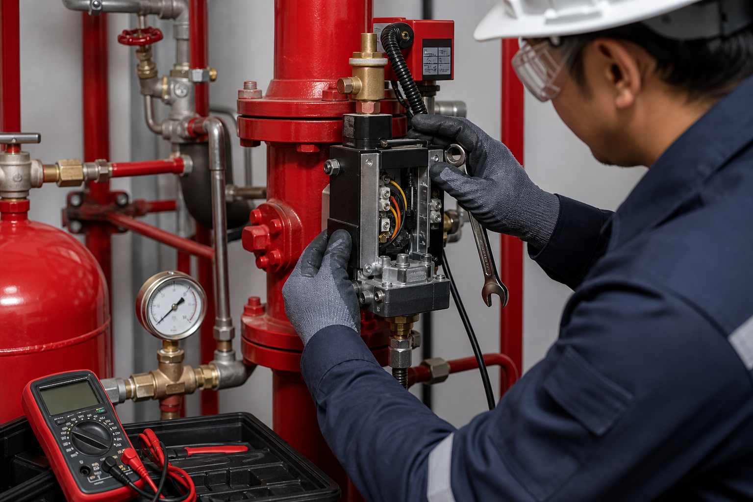 Specialist repairing a fault in an industrial fire suppression valve assembly