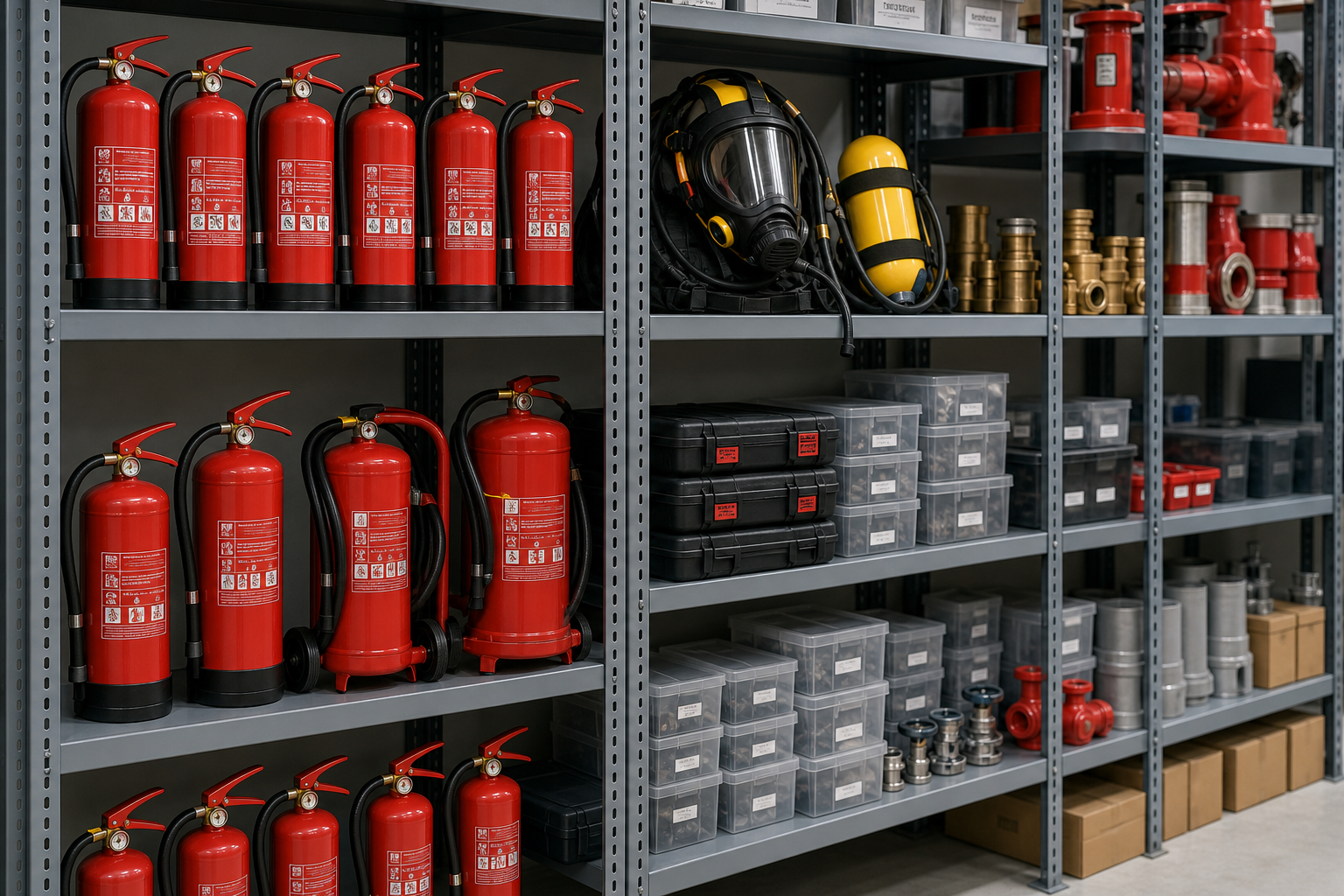 Organized fire safety equipment set including red extinguishers, breathing apparatus mask, and labeled spare parts cases on a neutral warehouse shelf