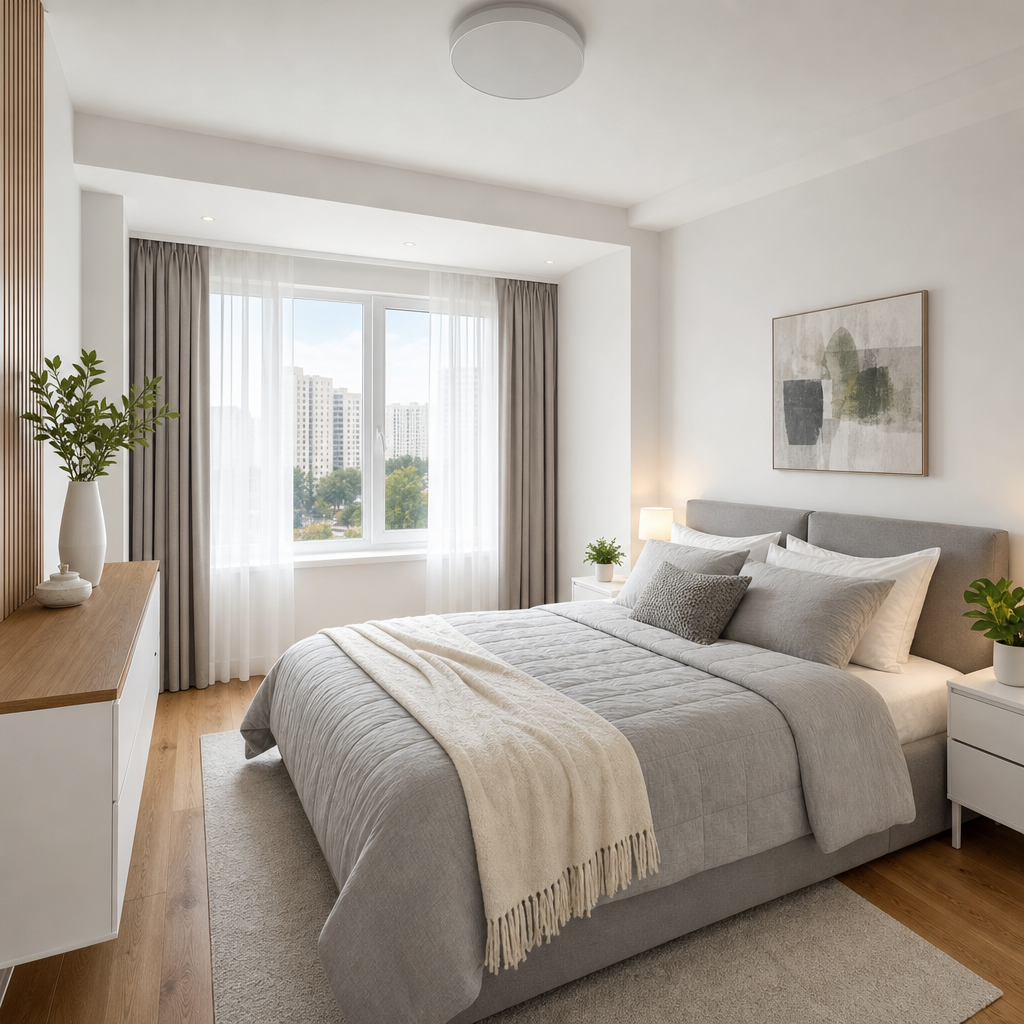 Stylish Riverside Starter Apartment bedroom